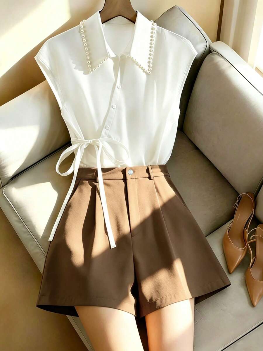 GlowEve CURVE Plus Size Women's Pearl Decor Bow Tie Elegant Casual Blouse Shorts 2-Piece Set Formal White Brown Summer Office Tea Party Teachers' Day - Multicolor - View 1