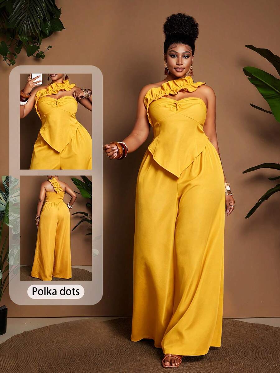 Maweii Plus Size Retro Sexy Black Ruffle Bandeau Waist Wide Leg Jumpsuit - Yellow - View 1