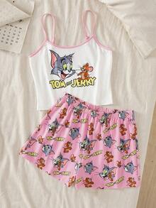 TOM & JERRY X SHEIN 女士夏季趣味卡通字母印花滚边吊带背心和短裤睡衣套装 - 彩色 - 查看 1