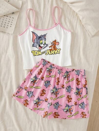 TOM & JERRY X SHEIN 女士夏季趣味卡通字母印花滚边吊带背心和短裤睡衣套装