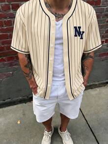 Aesthetic Post Camisa de manga corta con estampado de rayas y NY para hombres de moda - Multicolor - Ver 3