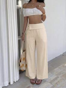 Pantalones Casuales de Color Sólido con Cintura Ajustable - Caqui - Ver 4