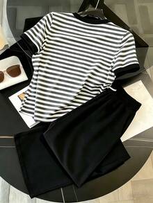 Resyla Women's Striped Round Neck Short Sleeve Top And Solid Color Pants Set - Multicolor - View 2
