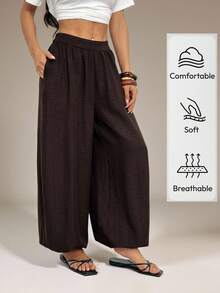SHEIN PETITE Linen Bermuda Shorts, Linen Solid Color Knee-Length Shorts With Side Pockets, High Waist And Loose Fit, Fashion Basics - Brown - View 2