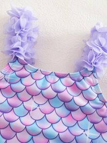 SHEIN Young Girl Gradient Fish Scale Print Halter One-Piece Swimsuit, Beach Vacation Style, Summer - Multicolor - View 3
