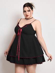 Sweetness Plus Size Women's Boudoir Style Floral Embroidered Contrast Ruffle Deep V-Neck Cinched Waist Babydoll Mini Fairycore Dress Date Night Black Summer - Black - View 3