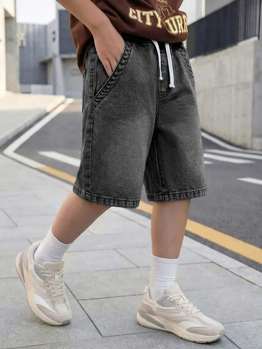 Tween Boy Gray Summer Casual City Break Elastic Waist Drawstring Washed Blue Straight Loose Fit Denim Bermuda Shorts,Suitable For Holiday,Daily Wear - Dark Grey - View 1