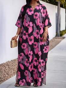 SHEIN Lady 大码女士优雅印花长裙 - 彩色 - 查看 3