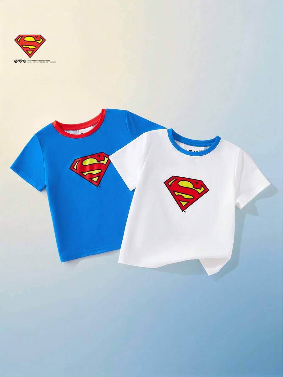 Maija Kids SUPERMAN X SHEIN Maija Kids 2件套男童宽松圆领短袖T恤，印有超级英雄图案，休闲时尚，适合春夏穿着 - 彩色 - 查看 1