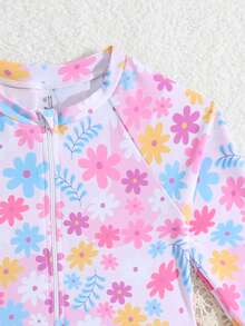 SHEIN Playful Pals 女童碎花长袖拉链荷叶边连体泳衣 - 彩色 - 查看 3