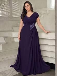 Modelyn Elegant Party Rhinestone & Pearl Embellished Plus Size Mother Of The Bride Dress Wedding - Purple - View 1