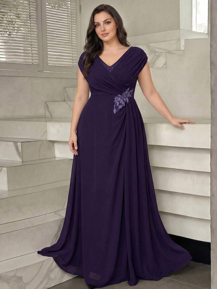 Modelyn Elegant Party Rhinestone & Pearl Embellished Plus Size Mother Of The Bride Dress Wedding - Purple - View 1