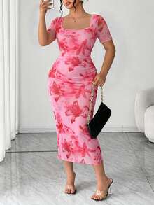 Elenzga Plus Size Leopard Print Short Sleeve Bodycon Dress, Waist Cinching, Slimming, Versatile Daily Wear, Spring/Summer - Pink - View 5
