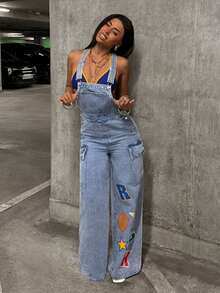 StreetHx Bộ quần yếm denim nữ kiểu dáng thường ngày với túi hộp và họa tiết chữ cái. - Rửa nhẹ - Xem 7