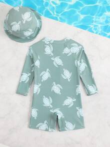 SHEIN 男婴新款长袖拉链印花防晒泳衣 - 墨綠色 - 查看 2