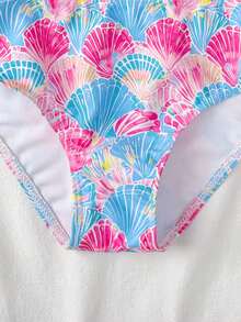 SHEIN Young Girl Summer Beach Shell Print Ruffle Trim Bikini Set - Blue - View 5