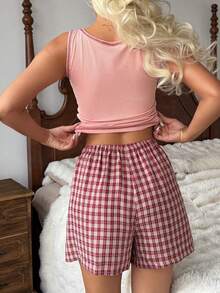 DAZY Women's Scoop Neck Tank Top And Plaid Print Shorts Pajama Set Summer - White - View 2