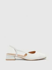 CUCCOO BIZCHIC Sepatu Wanita Musim Semi dan Musim Panas Ujung Persegi Hak Pendek Tebal Putih Sepatu Hak Tinggi dengan Desain Sambungan - Putih - View 2
