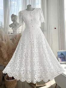 Reflora Plus Size Solid Color Lace Patchwork Round Neck Short Sleeve Dress - White - View 10