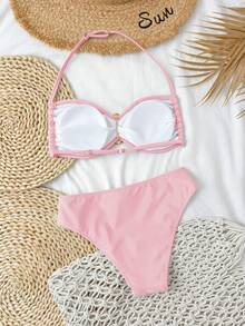 SHEIN Set Pakaian Renang Remaja Putri Musim Panas Terbaru, Bikini Dua Potong Minimalis yang Dapat Dipersonalisasi dan Serbaguna, untuk Liburan Santai di Pantai dan Kolam Renang, Musim Semi/Panas - Berwarna merah muda - View 2