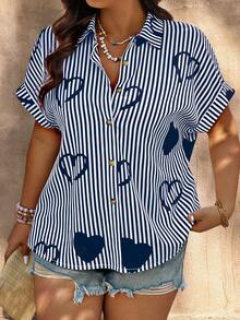 SHEIN LUNE Plus Size Front Button Heart Casual Loose Batwing Sleeve Blouse,Valentine - Blue and White - View 6