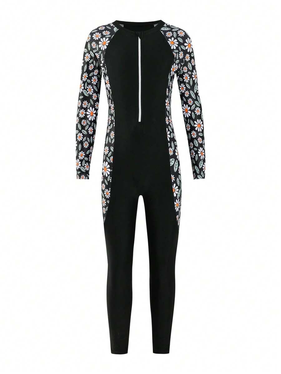 Young Girls One-Piece Swimsuit, Ditsy Floral Patchwork Long Sleeve And Pants Swimwear, Modest Coverage For Beach, Pool, Vacation Summer Holiday - Black - View 1