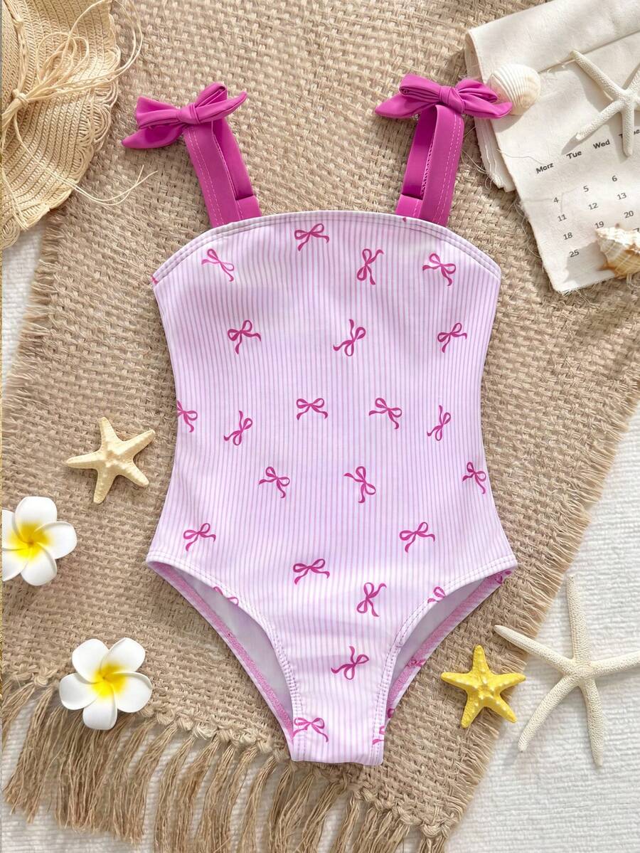 SHEIN Young Girl' Pink Striped Bow Print Contrast Color Bow Decor One-Piece Swimsuit, Spring/Summer - Pink - View 1