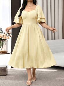 Feyla Plus Size Solid Color Sweetheart Collar Ruffle Hem Summer Dress - Pale Yellow - View 5