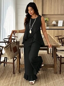 Weeklong Women's Plus Size Round Neck Sleeveless Ruffle Trim Loose Top And Straight Leg Pants 2 Piece Set, Suitable For Vacation And Daily Wear, Spring/Summer - Black - View 3