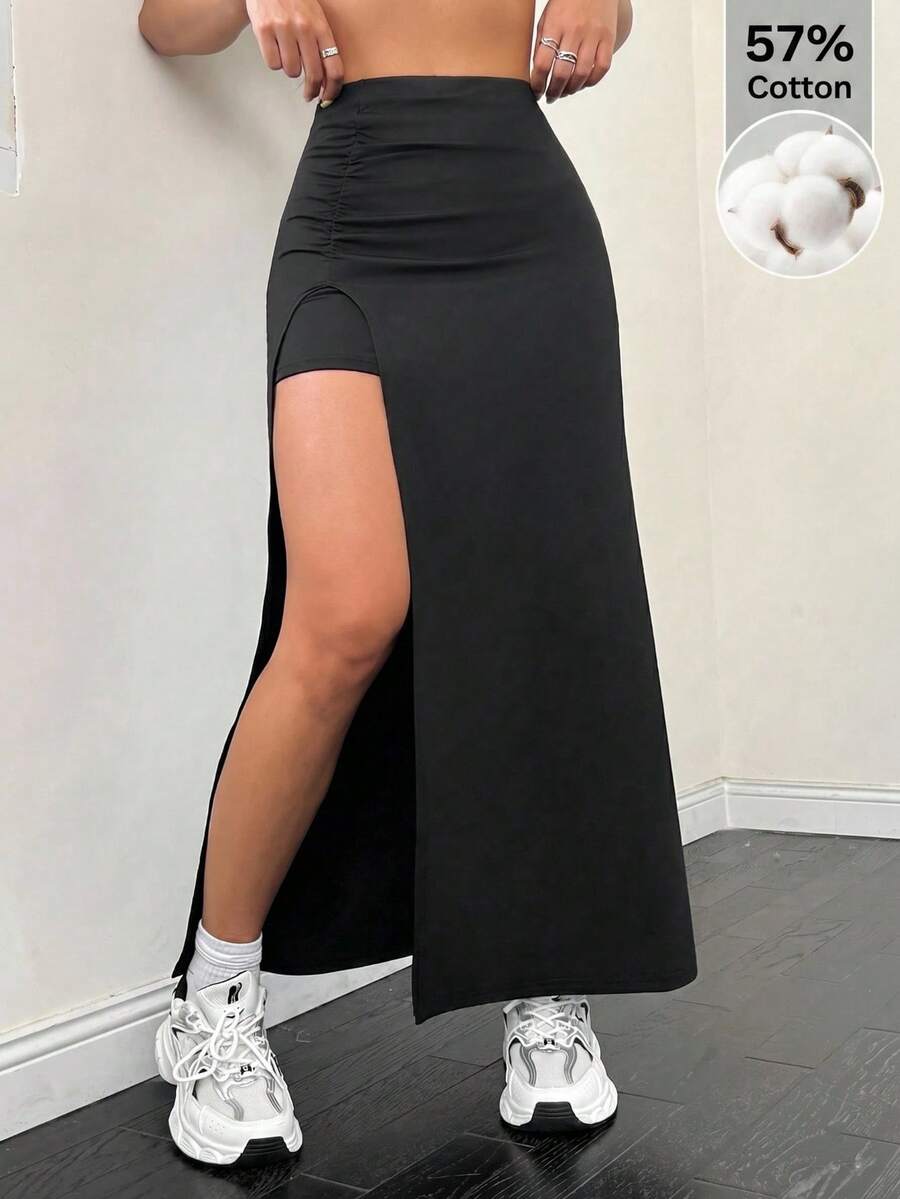 SHEIN EZwear Black Knit Women's Side Slit Hem Skirt