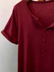 MYSTAURA Women's Casual Retro Minimalist Mori Girl Commuter Button Short Sleeve T-Shirt - Burgundy - View 4