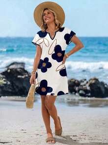 EMERY ROSE Casual Minimalist Color Block Pattern Loose Short Sleeve Plus Size Dress, Suitable For Summer - Multicolor - View 6