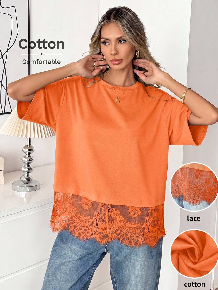 Easowa Black Short Sleeve Round Neck Lace Hem Loose T-Shirt For Women,Summer Top - Orange - View 1