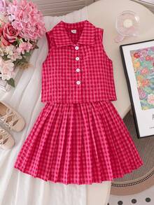 Tween Girls Plaid Sleeveless Shirt Paired With Plaid Pleated Mini Skirt - Hot Pink - View 3