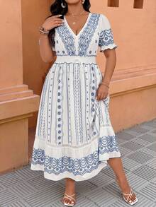 Ceyna Plus Size Women's Casual Elegant Floral Print V-Neck Short Sleeve Dress Bohemian Zanzea Dress For Woman - Blue and White - View 6