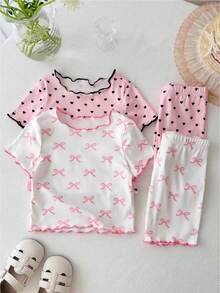 SHEIN LMoss Kids 4件套女婴针织爱心图案荷叶边领T恤和短裤家居服套装 - 彩色 - 查看 6