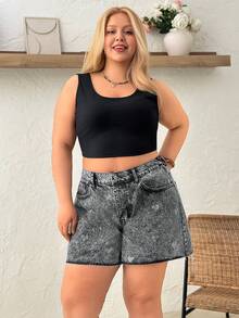 SHEIN Women Washed Detail High-Rise Plus Size Elastic Waist, Denim Shorts - Grey - View 3