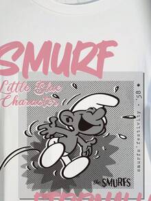 SHEIN X The Smurfs Camiseta de manga corta casual con estampado para mujer de talla grande, estampado todo sobre - Blanco - Ver 4