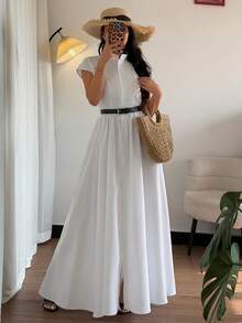 Rafferiza Elegant A-Line White Collar Short Sleeve Waist Ruched Dress For Women, Spring/Summer - White - View 1