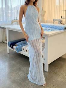 Aloruh Vestido largo con textura, escote en la espalda y recortes, elegante y sexy para vacaciones, de estilo minimalista casual - Azul - Ver 1