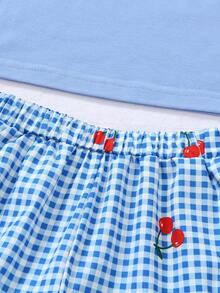 SHEIN Genkimix Kids 4件套女童甜美樱桃柠檬印花吊带背心，樱桃柠檬格纹荷叶边短裤，清新夏日度假风，适合海滩、旅行及其他夏季场合。 - 彩色 - 查看 6