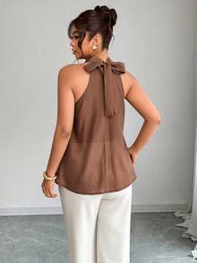 Elenzga Plus Size Women's Elegant Round Neck Ruffle Hem Blouse, Spring/Summer - Brown - View 2