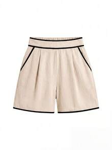 Ellevyn Bộ đồ nữ mùa hè kiểu dáng thường ngày, áo tank top cổ tròn phối viền tương phản và quần short (2 món) - Màu be - Xem 10