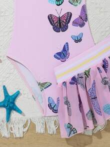 SHEIN Young Girl Butterfly Printed One-Piece Swimsuit Mesh Skirt Set - Multicolor - View 3