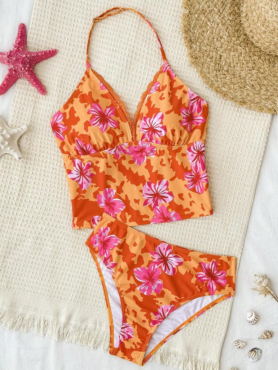 SHEIN Bộ bikini hai mảnh họa tiết hoa nhiệt đới viền ren, thích hợp cho kỳ nghỉ hè của thiếu nữ. - trái cam - Xem 1