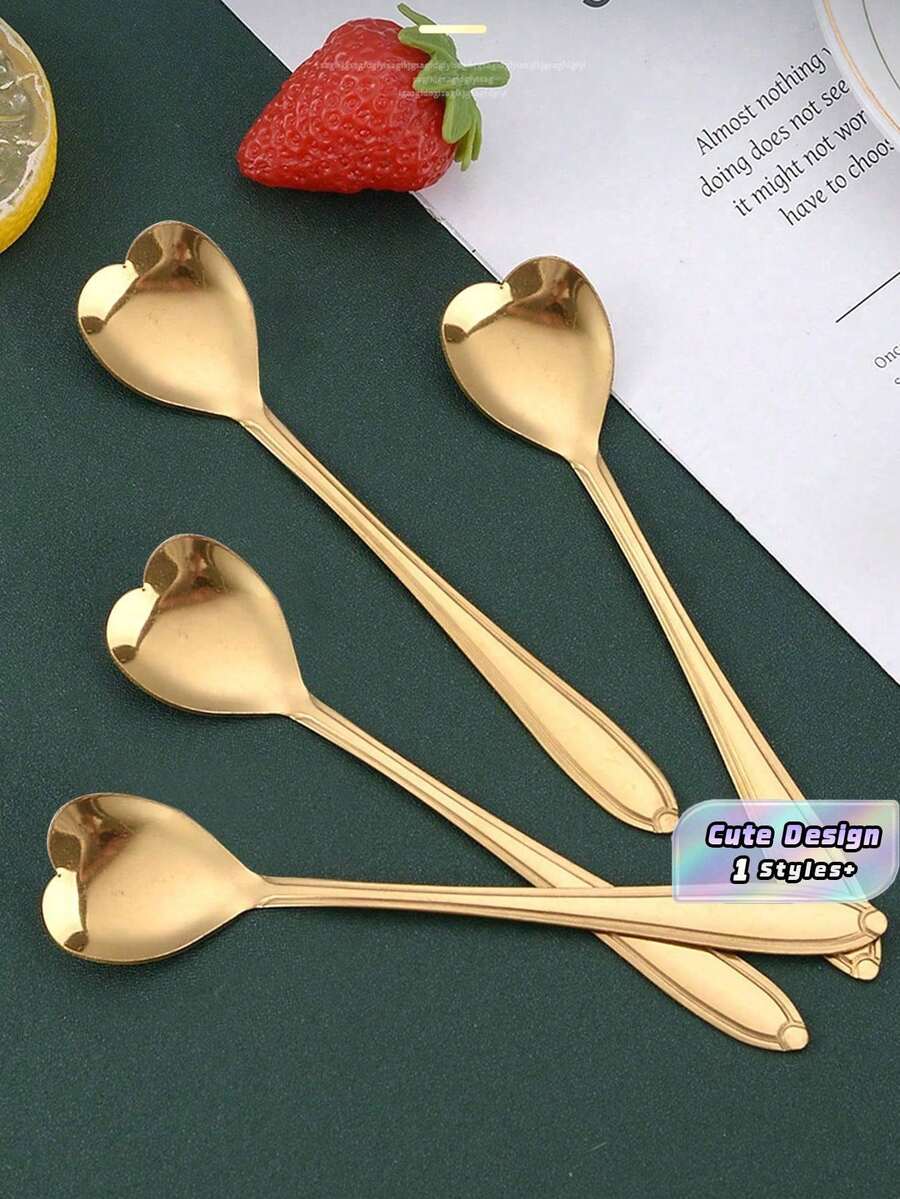 4pcs Heart Design Spoon, Stainless Steel Modern Creative Coffee Teaspoon, Stirring Spoon, Scoop For Cake School Supplies,Food Contact Materials,Dishwasher Friendly,Back To School Christmas For Holiday Gift Giving