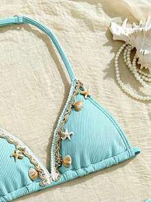 SHEIN Tween Girls Seashell Decor Halter Bikini Sets, Delicate & Elegant, Vacation Vibe - Green - View 4