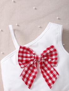 Elladie kids Mädchen gestricktes geripptes rosa asymmetrisches Fünf-Blüten-Top und gerippte Perlknopf-Shorts Set, frisch und lässiger Sommeroutfit - Rot - Übersicht 5
