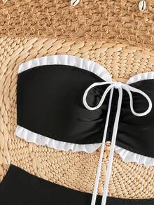SHEIN Swim Women's Black And White Striped Summer Cute Beach Holiday Strapless Ruffled Bikini Set With Delicate Pearl Pendant And Drawstring Tie Elegant - Black and White - View 5