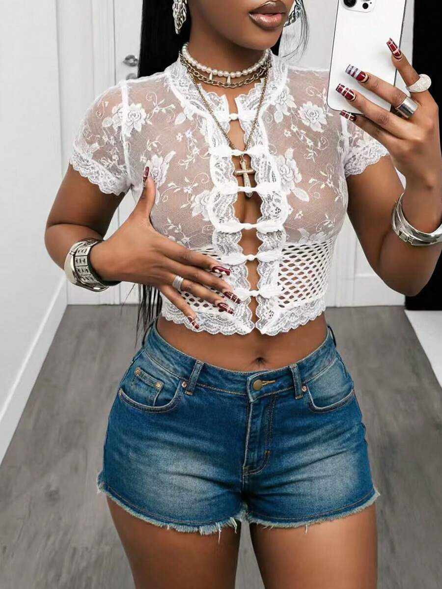 Mistrie Summer Beach Vacation Luxury Casual Women's Lace-Trimmed See-Through Cheongsam With Buttons, White Short T-Shirt. - White - View 1
